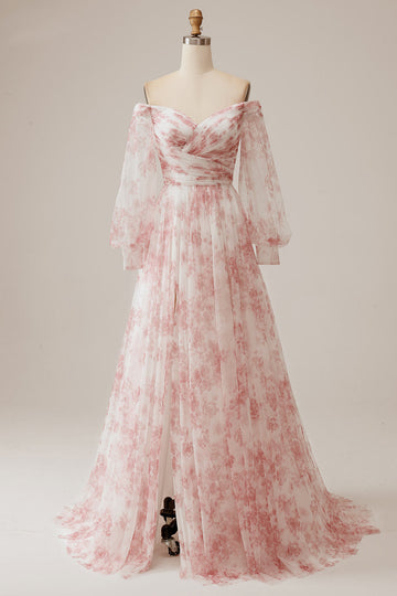 Ivory Flower A Line Off the Shoulder Vestido de novia floral plisado con mangas largas